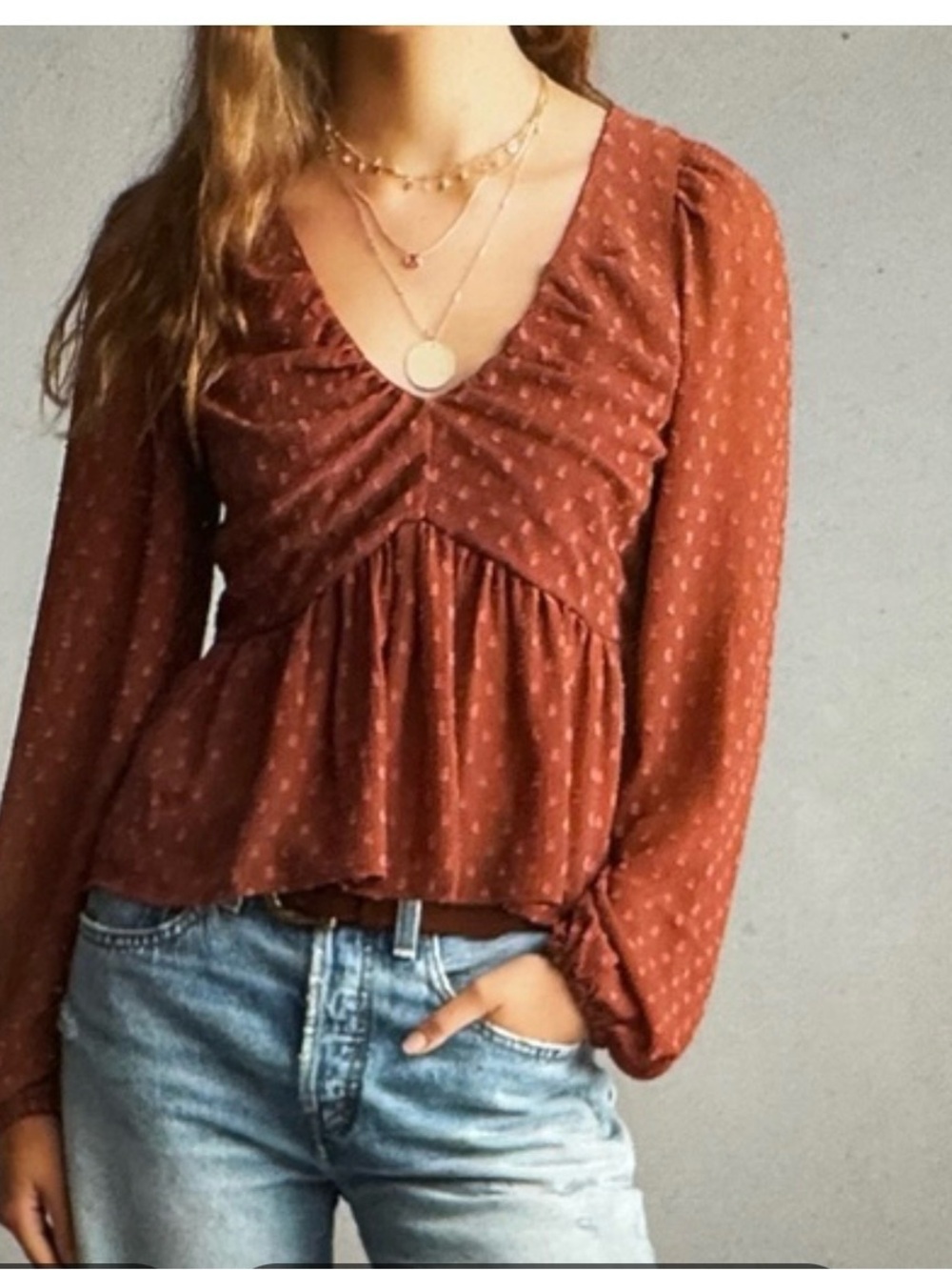 Anthropologie Rust Brown V-Neck Peplum Blouse